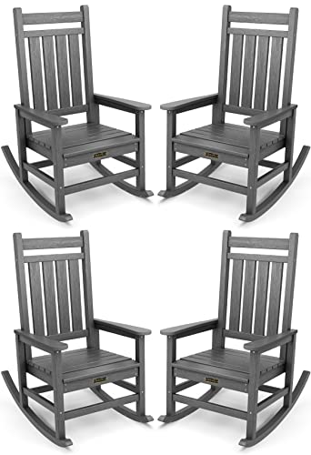 Serwall Outdoor Rocking Chair Set Of 4, Oversized Rocking Chairs For Adult, All Weather Resistant Porch Rockers For Lawn Garden, Grey #TOP25