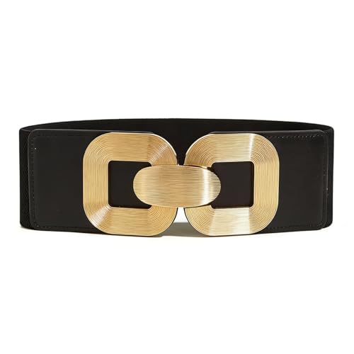 Ceinture elastique large femme JKJF en cuir noir avec boucle metal