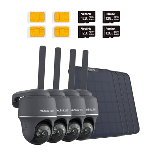 REOLINK 4K 4G LTE 360Β° Cellular Security Camera +128G SD Card - 4Pack, No WiFi Solar Powered, 8MP Pan Tilt, Smart Detection, Color Night Vision, SIM Card Included, Go PT Ultra-Grey +Solar Pa