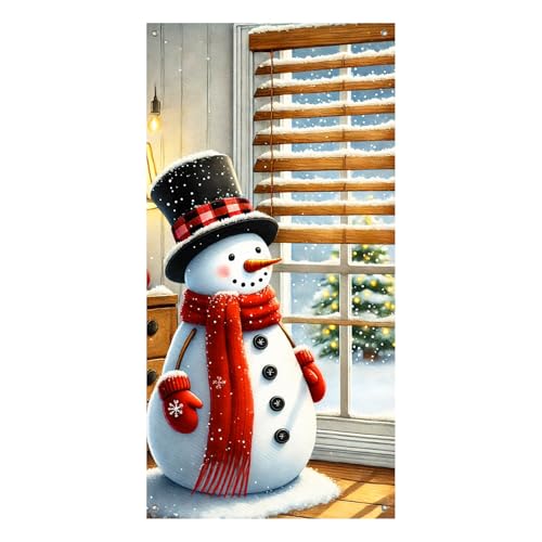 Image of Blissyard Merry Christmas Snowman Door Cover 35x71 Inch Double Sided Christmas Front Door Decoration with Red Scarf, Mittens, Snowflakes, Holiday Decorations for Indoor and Outdoor Winter Home Decor