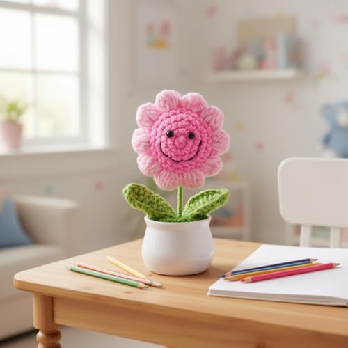 Image of 13CM Height Handmade Crochet Smiling Flower Pot for Home & Office Decor, Cute Aesthetic Desk Showpiece, Positive Vibes Table Decor, Thoughtful Gift for Friends & Loved Ones (Sunny Smile Pink)