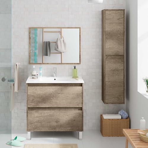 Inbagno Mobile Bagno da Terra 80 cm, 2 cassetti Serie Oasi, Colore Rovere con venatura Naturale,...