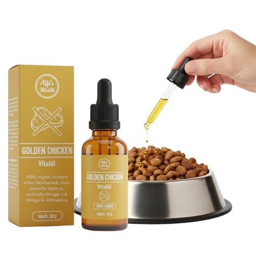 Appetitanreger Hund & Katze Futtertopping Hund als veganes Öl mit Chicken Aroma, Omega 3-6-9, mit Nachtkerzen, Lein & Olivenöl, für Trocken & Nassfutter, 140 Portionen
