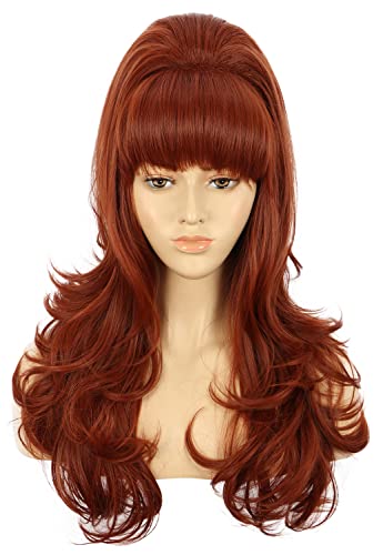 Perruque longue rouge bordeaux ondulée style années 60 70 pour cosplay