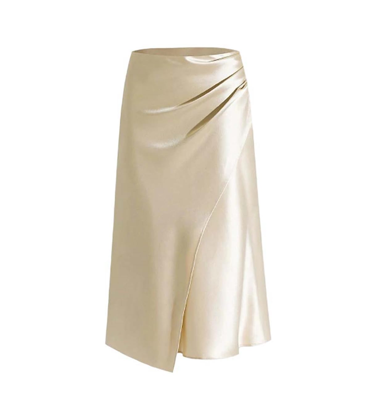 Womens High Waist Satin Midi A-Line Skirt with Solid Ruched Split Zipper Formal Skirts