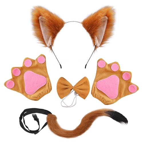 SAIIURV 4 Pièces Déguisement Renard pour Enfants ou Adultes, Oreilles et Queue de Renard, Griffe Gants et Noeud Papillon, Animal Cosplay Halloween Carnaval Fête