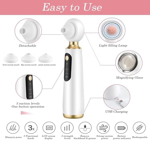 Image of Blackhead Remover, Beautiful Skin Care Expert Acne Pore Cleaner Vacuum Blackhead Remover Kit Skin Cleanser, Pimple Removal Tool With LED 50X Magnifier, 3 In 1 Multi-Function Silicone Blackheads(White Magnifie Derma Suction) (Black) (White)