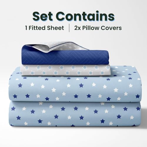 Image of LORETO - A QUALITY LINEN BRAND 144 TC 100% Pure Cotton Double /Queen Fitted Bedsheet with 2 Pillow Covers for 72 x 60 Inch Mattress, All-Around Elastic, 8 Inch Deep Pocket, Nile Blue Stars