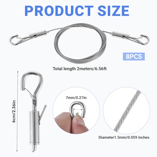 Image of 8PCS Adjustable Picture Hanging Wire Kit Heavy Duty Picture Frame Mirror Hanging Wire Kit 6.6FT Stainless Steel Wire for Hanging Pictures,Frame,Paintings,Flowerpot,Decorations,Supports Up to 66lbs