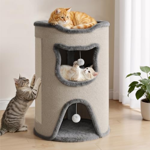 Klyvvo 40x40x60 Großes Katzenhaus belastbar 30 kg Komfortables Katzenbett Katzen Bettchen Katzenhöhle mit Kratzbaum Spielball für mittelgroße große Katzen Weiß Doppellagig
