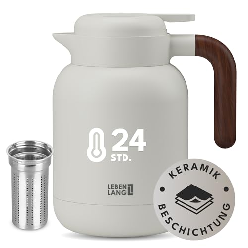 LEBENLANG Thermos café 1,5L Blanc - Revêtement céramique & sans BPA I 24h au chaud & Incl. passoire à thé I Bouteille isotherme Pichet cafe inox Termos carafe isotherme Bouilloire