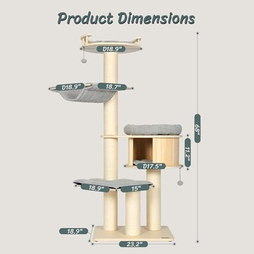 Image of KAMABOKO Tall Cat Tree, 68 inch Large Cat Tower Multi-Level Platforms with Sisal Scratching Posts, Cat Tree for Large Cats 20 lbs Heavy Duty, Cat Condo Furniture for Active Cats, Top Fence Safety