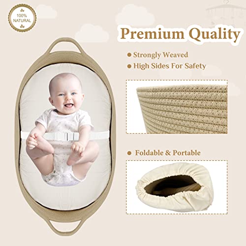 meloom Baby Changing Basket with Pads and Safety Belt- 100% Cotton Boho Baby Moses Basket Changing Table and Thick Pad with Waterproof Mattress Cover, Nursery Decor in Taupe Color with Storage Bag — view 3
