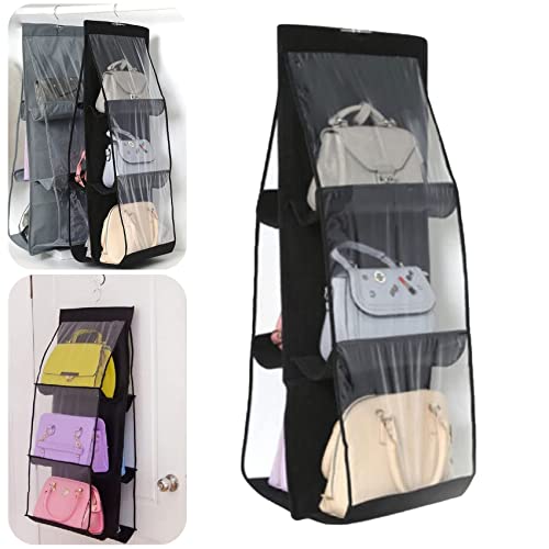 Dosurgorn Double-Sided Six-Layer Hanging Storage Bag, 6 Pockets Hanging Closet Storage Bag, High Capacity Transparent Collapsible Non-Woven Hanging Handbag Storage Hanging Bag, 90CM*35CM*32CM (Black)