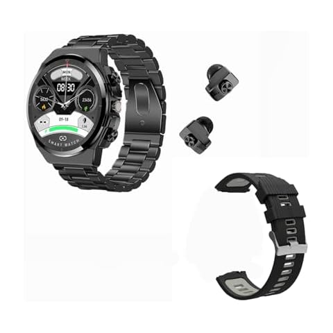 Tuanzi JM08 2 in 1 Smart Watch with Earbuds 1.28" Smartwatch TWS HiFi Stereo Wireless Headset Combo Bluetooth Phone Call for Android iOS (Black Steel+Silicone) Cover