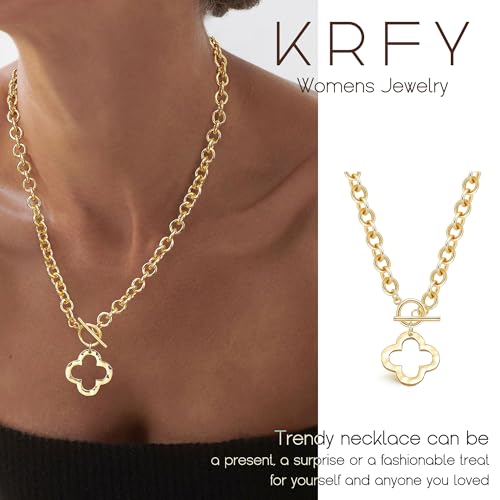 Krfy Chunky Gold Necklace for Women, Hammered Cross Necklace for Women Non Tarnish, Heart Clover Necklace Pendant, Dainty Toggle Necklaces Paperclip Chains Jewelry 16K Gold Plated 45cm3