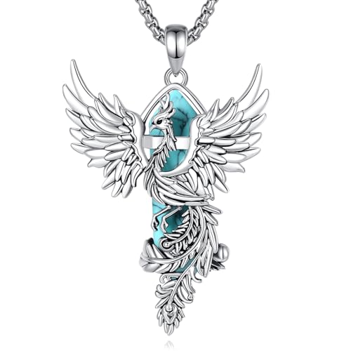 Vito Turquoise Phoenix Necklace for Women Men, Silver Plated Copper Phoenix Pendant Hexagonal Prism Malachite Crystal Protection Energy Amulet Jewelry Gift for Mom Wife, 20+2
