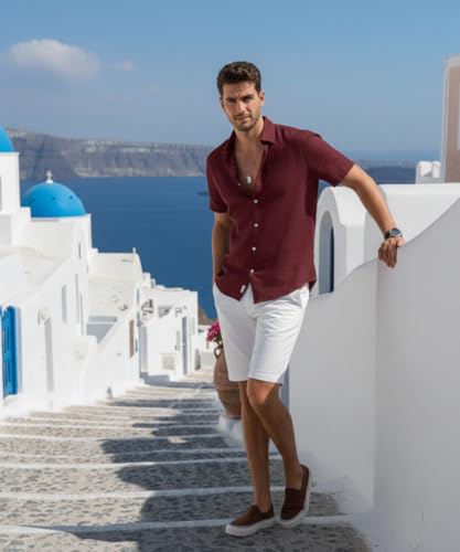 Image of VastraVibes Premium Cotton Linen Shirt for Men | Half Sleeve Slim Fit Casual Shirts | Lightweight Beach Wear & Festive Outfits | Trending Pastel Colors