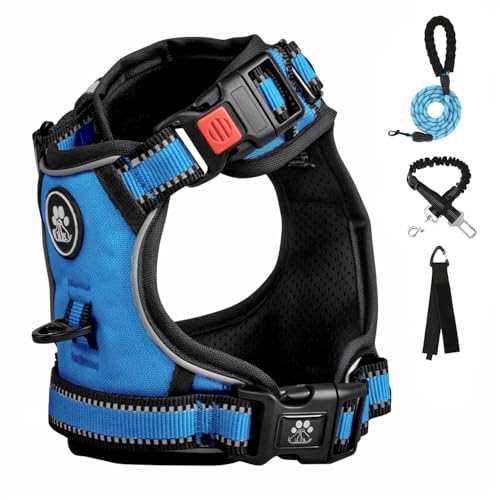 FURRYFECTION Dog Harness | No Pull Dog Harness | Reflective Oxford | Padded Handle | 4 Adjustable Straps | 2 Leash Clips | No Choke Pet Vest Harness for Small Medium Large Dogs | Blue | M