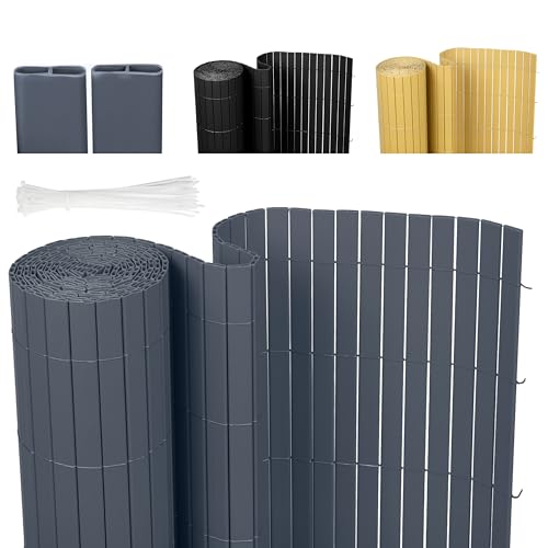 Ribelli PVC Sichtschutzmatte mit Steg, Sichtschutzzaun ohne Bohren, Sichtschutz Zaun mit Kabelbindern, Windschutz Wetterfest für Garten, Balkon und Terrasse (80 x 300 cm, Grau)