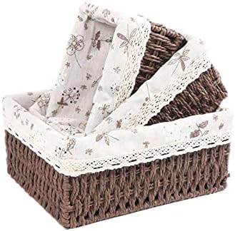 YRHOME Storage Baskets Set of 3,Decorative Paper Rope Woven storage Baskets with Liner,Rectangular Storage Bins Container for Makeup Bedroom Shelves Organizing,Home Deco, Brown