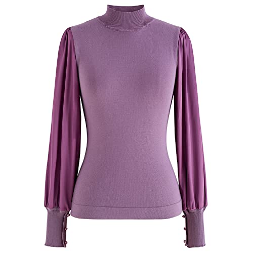 Image of CHICWISH Women's Mock Neck Satin Spliced Bubble Sleeves Knit Top