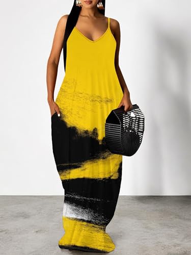 Image of Women Spaghetti Strap Maxi Dress with Pockets | Soft fabric relaxed fit sleeveless v neck with pockets for party and daily wear