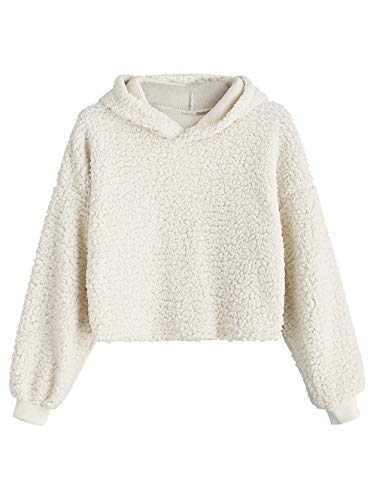 ZAFUL Women Warm Drop Shoulder Fluffy Boxy Basic Solid Color Short Casual Hoodie(Warm White,M)