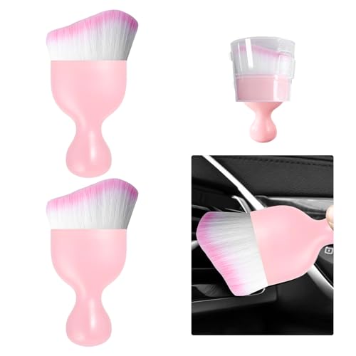 Ziciner 2 PCS Car Detailing Brush, Curved Soft Bristles Auto Removal Dust Collectors, Universal Vehicle Dashboard, Air Conditioner Vents etc Interior Cleaning Tool Accessory (Pink/Pink)