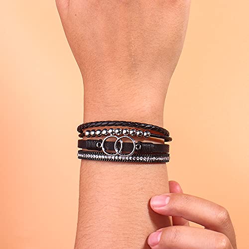 Fancy Shiny Boho Wrap Bracelets Leather Cuff Bangle Gold Beaded Bracelets For Women Stackable Infinity Bracelets Jewelry With Clasp(Black) #TOP1
