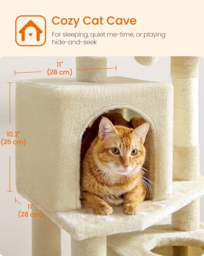 Image of Feandrea Cat Tree, 59.5-Inch Tall Cat Tower, Plush Multi-Level Condo with 5 Scratching Posts, 2 Perches, 2 Caves, Hammock, 2 Pompoms, Beige UPCT192M01