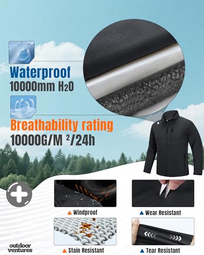 Outdoor Ventures Men's Softshell Jacket Waterproof Fleece Lined Rain Shell Jacket Lightweight Windbreaker for Hiking Travel3