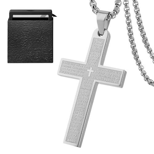DIPZO Collar Crucifijo de Acero Inoxidable para Hombre y Mujer, Colgante Cruz Plateada con Cadena de 60cm, Regalo Cristiano para Navidad, Cumpleaños, Pascua