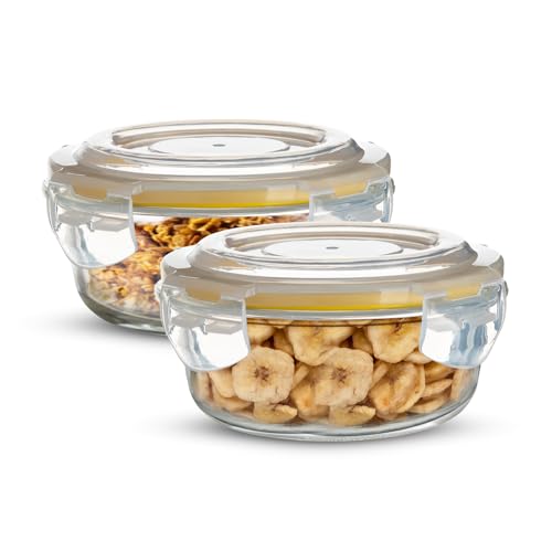 Image of BERGNER Borosilicate Glass Side Lock Round Storage Container for Kitchen with Air-Tight and Leakproof Lid, BPA Free, Microwave and Oven Safe, Removable Silicone Yellow Gasket, 400 ml each (Set of 2)