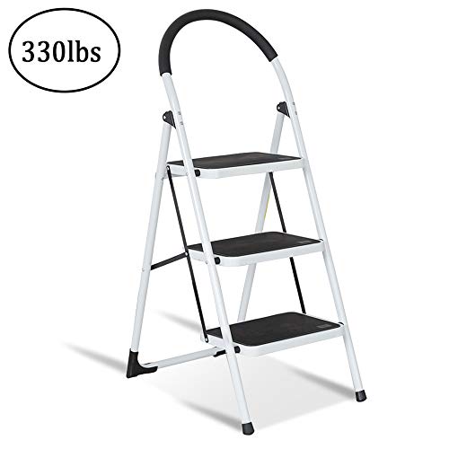 KARMAS PRODUCT Folding 3 Step Ladder Portable Steel Step Stool Wide Platform