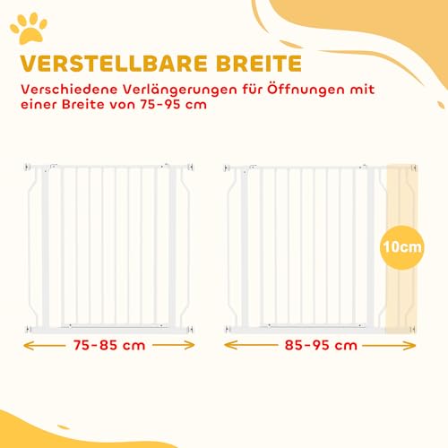 PawHut Türschutzgitter Treppenschutzgitter mit 10 cm Verlängerung Türgitter ohne Bohren Treppengitter für Breiten 75-95 cm Beidseitige Einhand Öffnung Schwenkbar Stahl Weiß