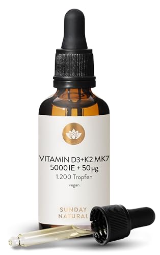 SUNDAY NATURAL® Vitamin D3 K2 Tropfen hochdosiert – Vitamin D 3 5.000IE + K2-MK7 ≥99,8 % + all-trans 50µg – Vegan, optimale Bioverfügbarkeit, ohne weitere Zusätze