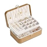 Joyero Mujer, Organizador Joyas de Doble Capa de Gran Capacidad, Jewelry Box Cuero PU con Cerradura, para Anillos, Pulseras, Collares(Brown)