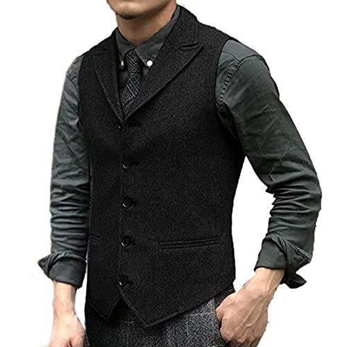 Mens Wool Suit Vest Slim Fit Lapel Tweed Groomsmen Waistcoat for Business Casual (Color : Black, Size : X-Small)