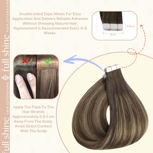 Image of Full Shine Human Hair Tape in Extensions, Medium Brown Honey Blonde 22 Inch | 100g 40PCS, Seamless Tape in Human Hair Extensions, Invisible Brazilian Style Full Ends Party Styling Soft Movement