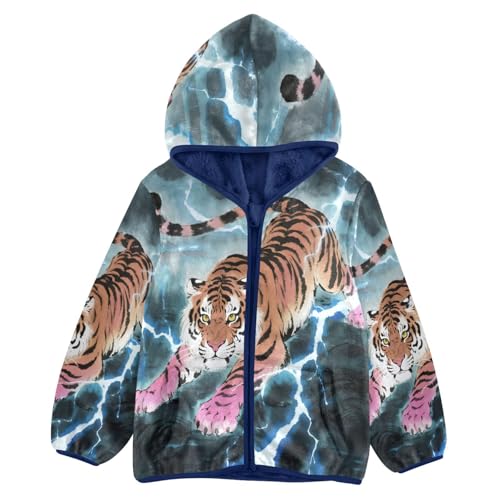 Tiger Running Sky Toddler Fleece Jacket Girl Boys Hooded Fleece Jacket Coat Warm Outwear Zip-up 3-10T