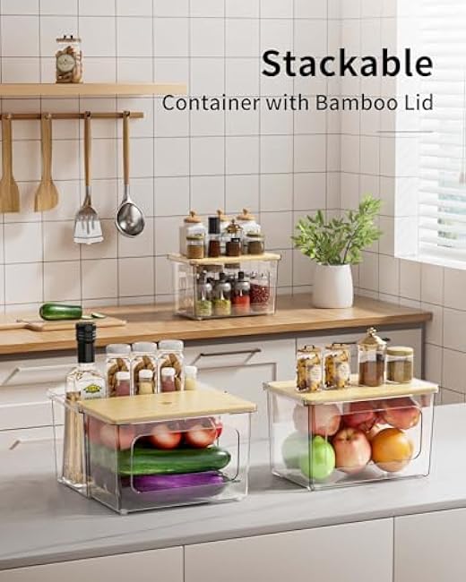 2 in 1 Trash Bag Dispenser Holder - Clear Acrylic Plastic Garbage Bags Container Tissue Box with Bamboo Lid Large Under Sink Organizer Kitchen Pantry Shelf Laundry Room Organization and Storage