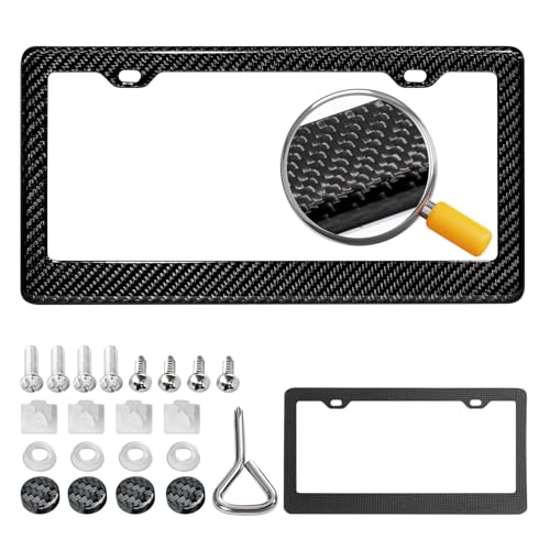 DCRCFIBER Real Carbon Fiber License Plate Frame 100% Pure Carbon Fiber Frame Black License Plate Holder Cover with Screw Caps Anti-Vibration Pads (Twill 2 Hole)