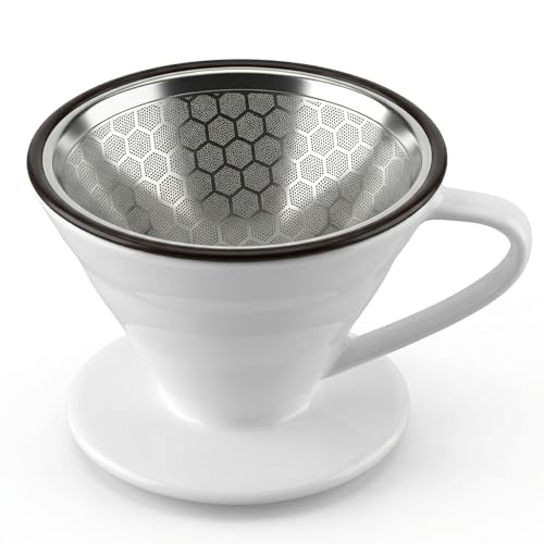 V60 Ceramic Coffee Dripper with Reusable Stainless Steel Filter 02 White