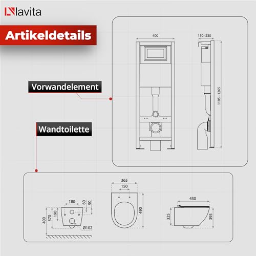 Lavita LAV 101 Vorwandelement für WC 40cm + Wand Hänge Tiefspül WC SOFI SLIM STONE Weiß Spülrandlos + Bedienplatte LAV 200.3.1 Weiß | Komplettset | Unterputz Spülkasten | Toilette Komplett Sett – Bild 3