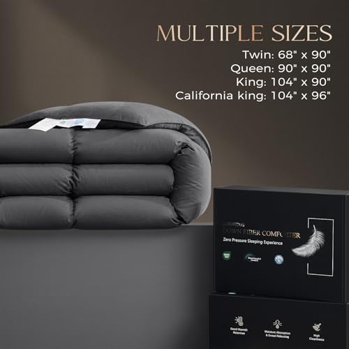 downluxe Goose Feather Down Fiber Comforter California King Size, All Seasons Duvet Insert California King, 3D Baffle Box Fluffy Grey Comforter California King with Corner Tabs, 104"x96"