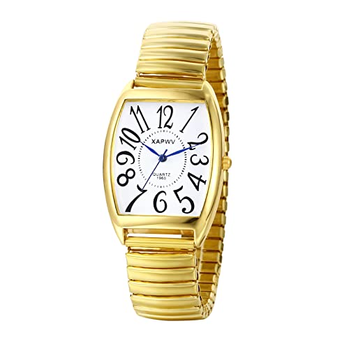 JewelryWe Reloj de Cuarzo para Hombre, Reloj de Hombre de Simple y Claro Gran Escala Digital Barril de Vino Esfera Cuadrada Fuerte Correa Elástica, Oro
