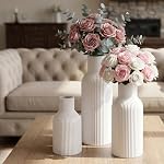 Vases de fleurs en céramique blanche 3, Moderne Matte Vertical Ribbed, Nordic Minimalist Decor pour Pampas, séché & Fleurs fraîches, Pièce centrale pour le salon, Étagère, Entrée, Mariage, Bureau