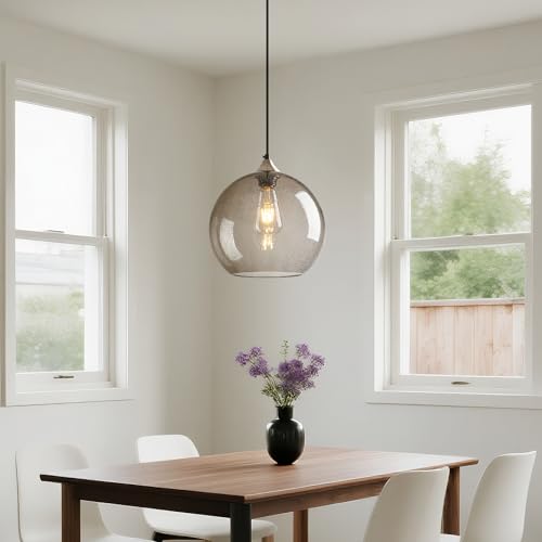 Image of Light Grey Glass Pendant Lights Kitchen Island Globe Pendant Light Fixtures Modern Pendant Lighting for Bedroom Living Dining Room Light Fixture (9.84 in, 1 Pack)