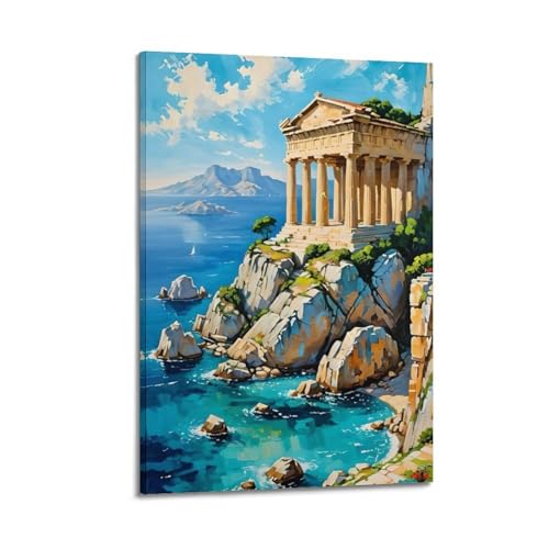 Poster de voyage en Grèce au style temple sur la falaise pour chambre
